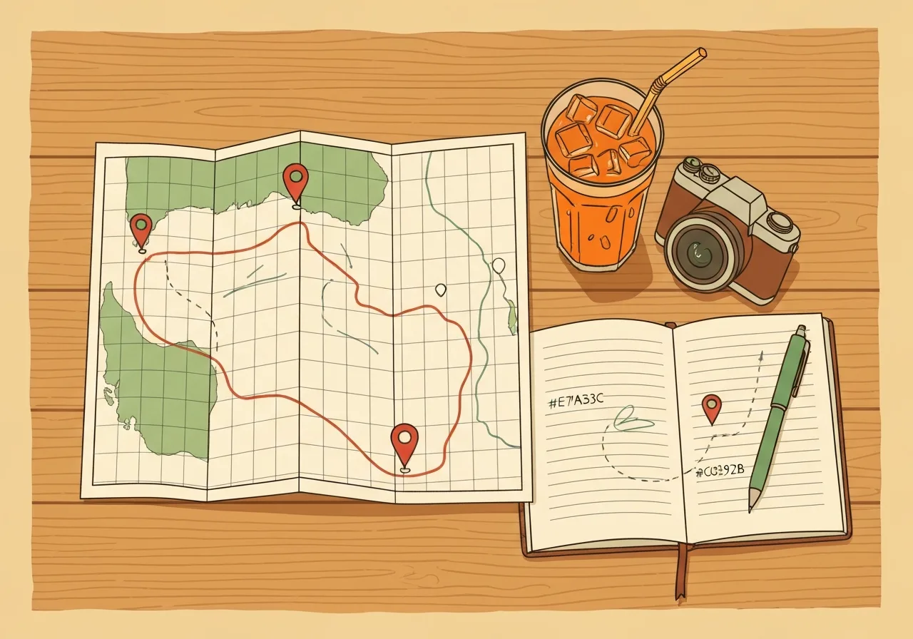 Bangkok itinerary notes beside iced coffee and a city map